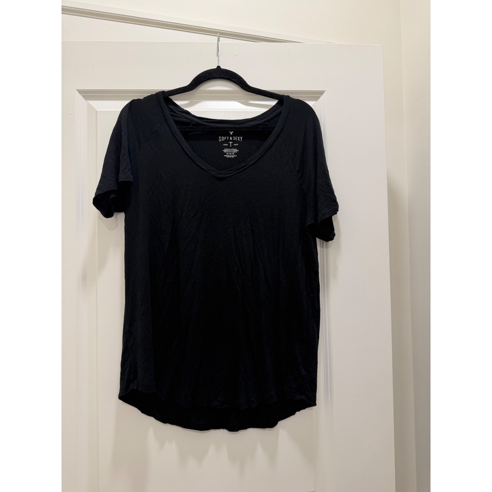 American Eagle Soft & Sexy Black V-Neck Raglan Short Sleeve Tee Shirt M